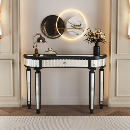 47' Half-Moon Mirrored Console Table with Fluted Glass & Crystal Knob Drawer - Silver Entryway Vanity Desk for Bedroom/Dressing Room(Black+Sliver) SolidRoot Buy Furniture USA
