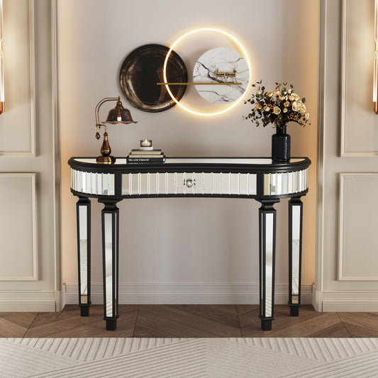 47' Half-Moon Mirrored Console Table with Fluted Glass & Crystal Knob Drawer - Silver Entryway Vanity Desk for Bedroom/Dressing Room(Black+Sliver) SolidRoot Buy Furniture USA