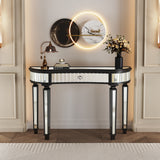 47' Half-Moon Mirrored Console Table with Fluted Glass & Crystal Knob Drawer - Silver Entryway Vanity Desk for Bedroom/Dressing Room(Black+Sliver) SolidRoot Buy Furniture USA