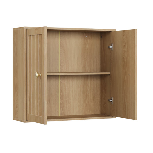 Oak Wall-Mounted Bathroom Cabinet with Double Doors and Vertical Grooved Design, MDF and Particle Board Storage Cabinet for Bathrooms, Restrooms, and Hallways SolidRoot Buy Furniture USA