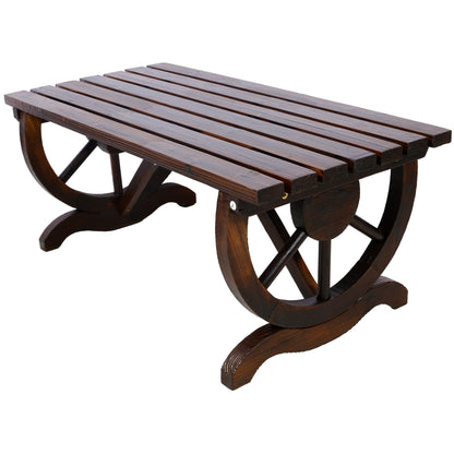 Rustic Wooden Bench with Wagon Wheel Legs for Garden and Patio, Brown, Solid Fir Wood, 38.5 x 19 inches SolidRoot Buy Furniture USA