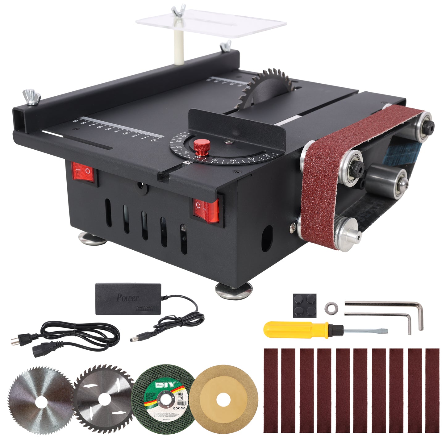 Mini Table Saw,Belt Sander,4pcs Blades,10pcs Sanding Blet,7 Gear Adjustable 0-90° Angle, Available for Wood/PCB/Acrylic/Plastic,DIY Model Crafts Cutting Tool SolidRoot Buy Furniture USA