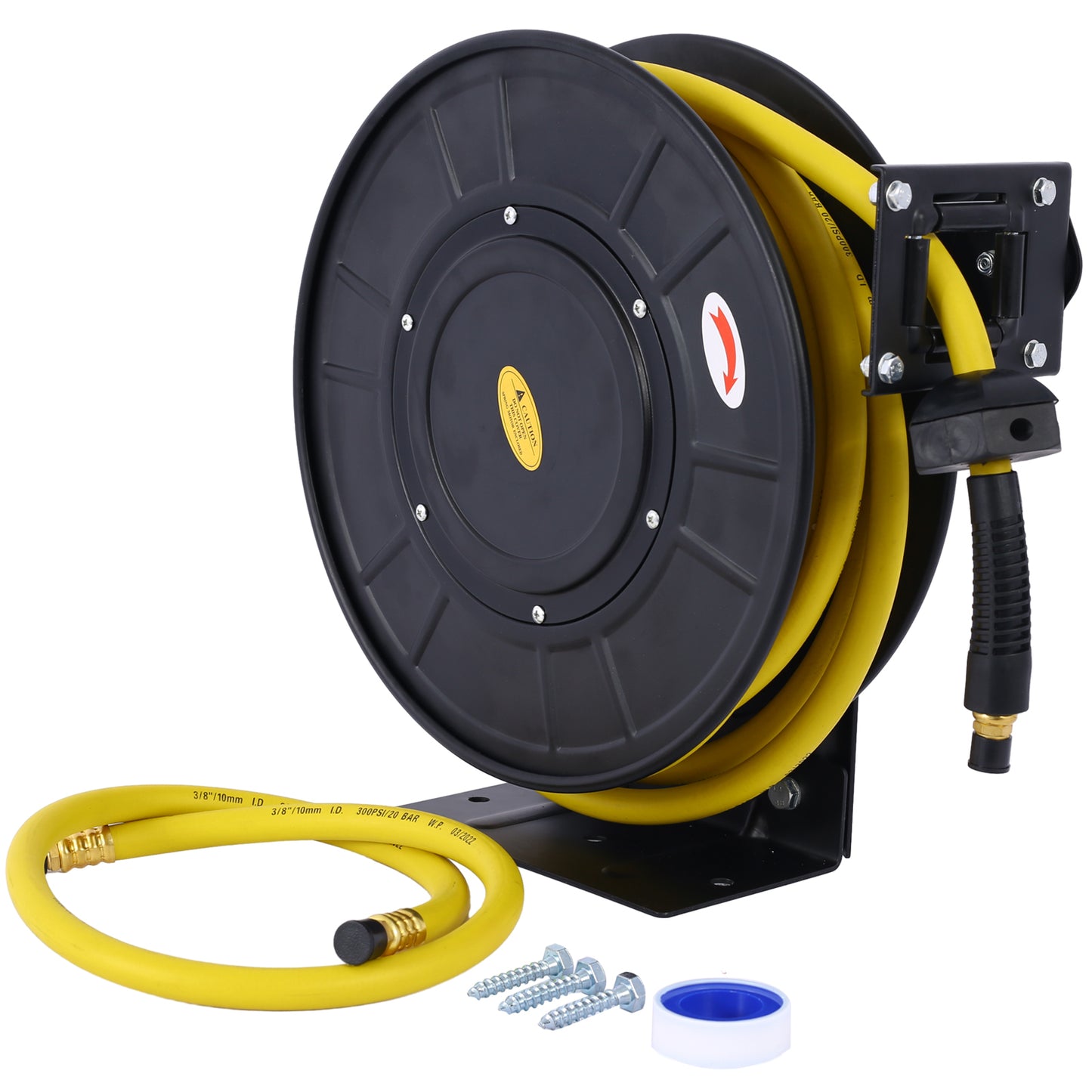 Air Reel Retractable 3/8' Inch x 50' Feet Premium Commercial Flex Hybrid Polymer Hose Max 300 PSI Heavy Duty Steel Frame SolidRoot Buy Furniture USA