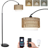 Arc Floor Lamp with Remote, Modern LED Floor Lamp with Dimmable Bulb, Boho Farmhouse Standing lamp with Fabric & Rattan Lampshades, Height Adjustable Black Tall Lamp for Living Room Bedroom SolidRoot Buy Furniture USA