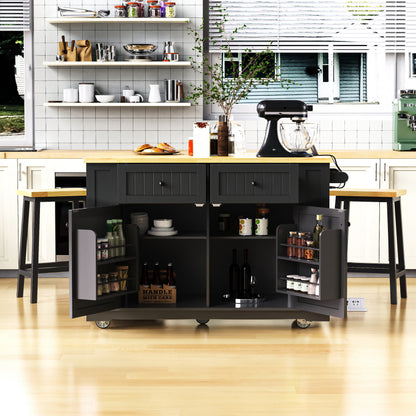 K&K 48inch Large Kitchen Island with 2 Bar Stools, Power Outlet, Door Internal Storage Rack, Kitchen Storage Cart on 5 Wheels with Drop Leaf, 5 Open Side Racks, 2 Drawers, Black (Three Packages) - SolidRoot Buy Furniture USA