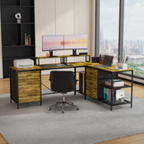 114' L-shaped Desk with Power Hub, Industrial Gaming Desk - 6 Drawers, Removable Monitor Stand, Rustic Brown Home Office - SolidRoot Buy Furniture USA