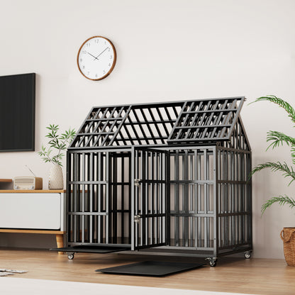 52' Heavy Duty Dog Crate Large Dog cage Strong Metal Dog Kennels and Crates for Large Dogs with 4 Lockable Wheels - SolidRoot Buy Furniture USA