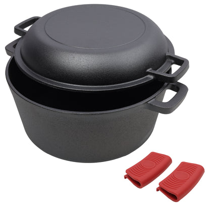 Pre-Seasoned Cast Iron Dutch Oven 2-in-1 with Dual Handles and Silicone Covers, Black, Iron, 5 Quart SolidRoot Buy Furniture USA