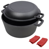 Pre-Seasoned Cast Iron Dutch Oven 2-in-1 with Dual Handles and Silicone Covers, Black, Iron, 5 Quart SolidRoot Buy Furniture USA