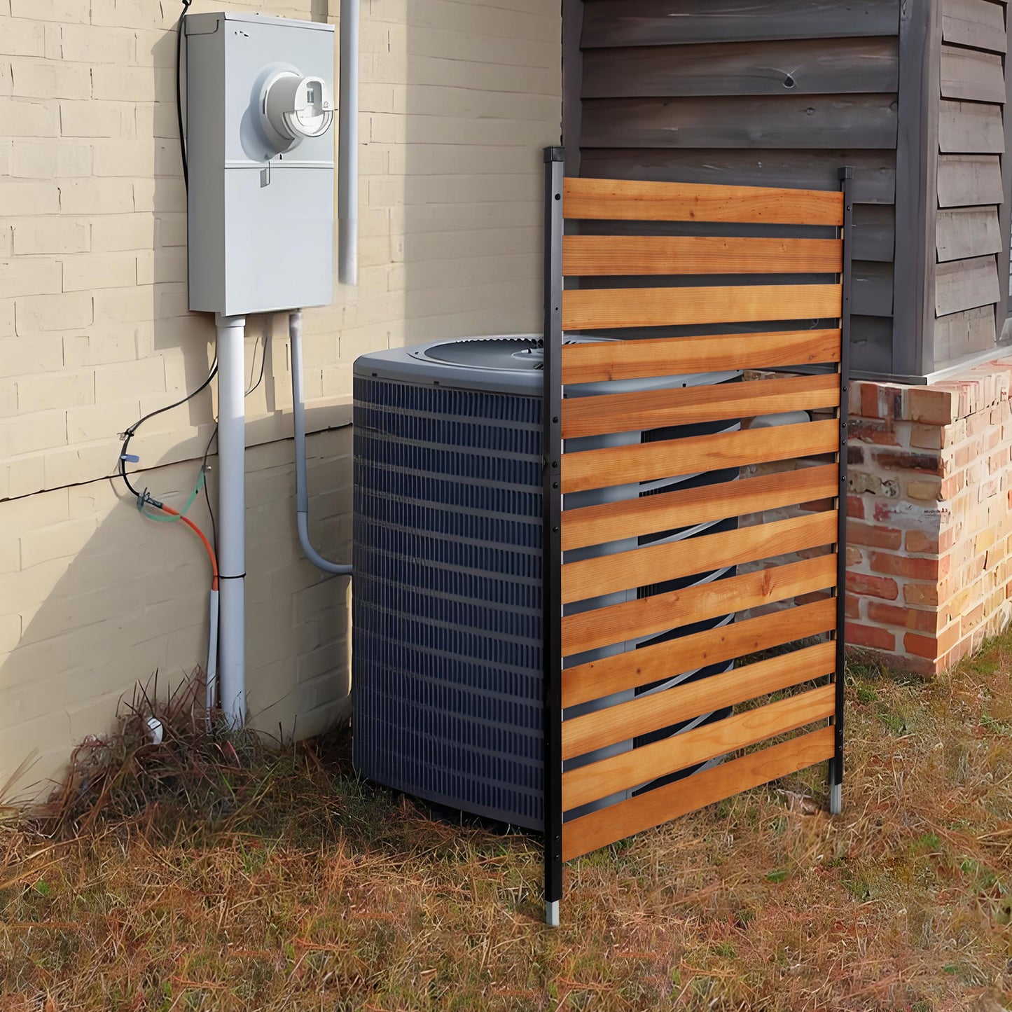 Air Conditioner Fence, 60in H x 38in W (1-Panel),Wood Fence Panels Trash Can Fences with Metal Stakes,Outdoor Freestanding Trash Can Fence SolidRoot Buy Furniture USA