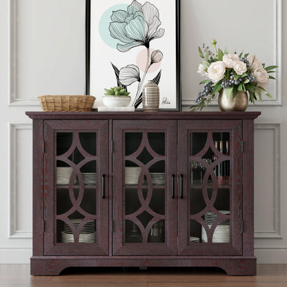 48.66' x 15.55' x 34.06' Spacious size sideboard 3 clear tempered glass doors buffet with adjustable shelf, MDF with dark RED decorative laminates storage cabinet for dinning room, kitchen,living room SolidRoot Buy Furniture USA