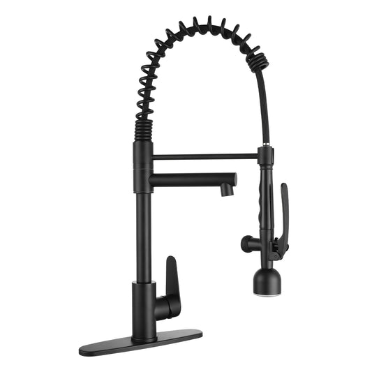 Industrial Chic Matte Black Kitchen Sink Faucet with LED Pull Down Sprayer, Single Handle High Arc Stainless Steel Faucet, Dual Spouts, Deck Mount - SolidRoot Buy Furniture USA
