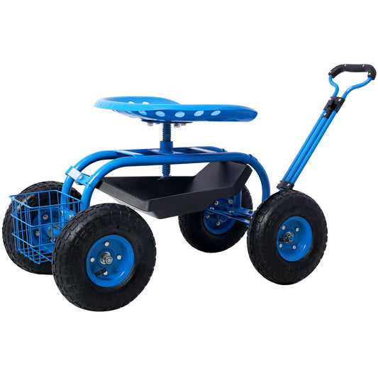 Refurbished Rolling Garden Scooter Cart with 360 Swivel Seat and Tool Tray in Blue Steel SolidRoot Buy Furniture USA
