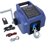 Reversible 12V Electric Trailer Winch for Boats Up to 6000 lbs with Synthetic Rope and Extra Pulley Hook in Blue Plastic Casing SolidRoot Buy Furniture USA