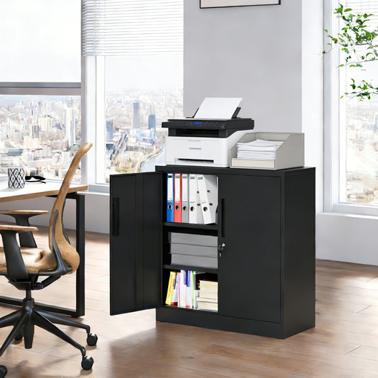 Metal Storage Cabinet with Lock, 2-Door Garage Storage Cabinet with 2 Adjustable Shelves, Heavy Duty Steel File Cabinet for Home, Office, Garage, School (Black, 35.4'H) - SolidRoot Buy Furniture USA