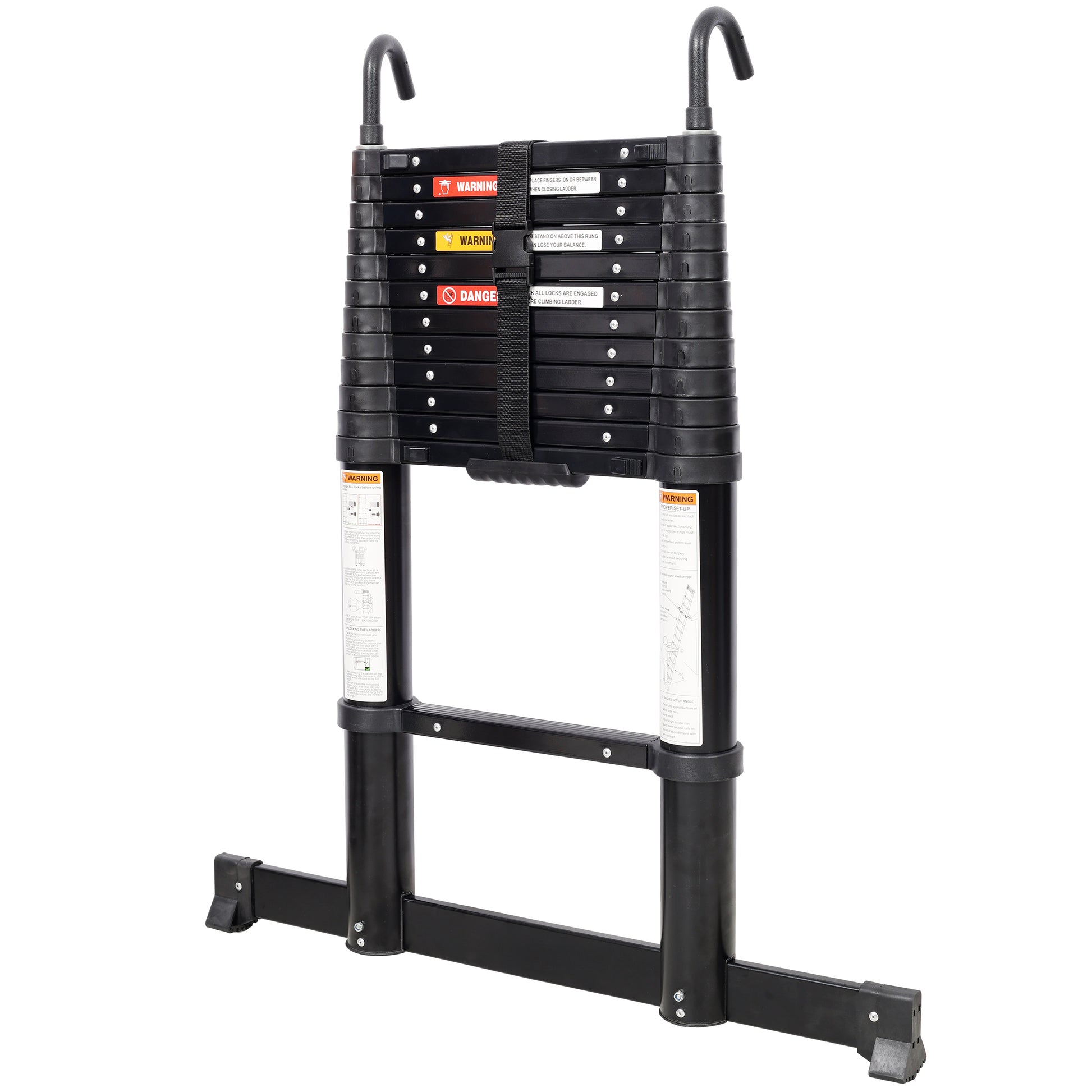 12.5FT Telescopic Ladder Aluminum Ladder with Non-Slip Feet and Stable Hook, Slow Down Safety Function With Stabilizer Portable Extension Ladder for Household and Outdoor Working, 330lb Capacity Black SolidRoot Buy Furniture USA