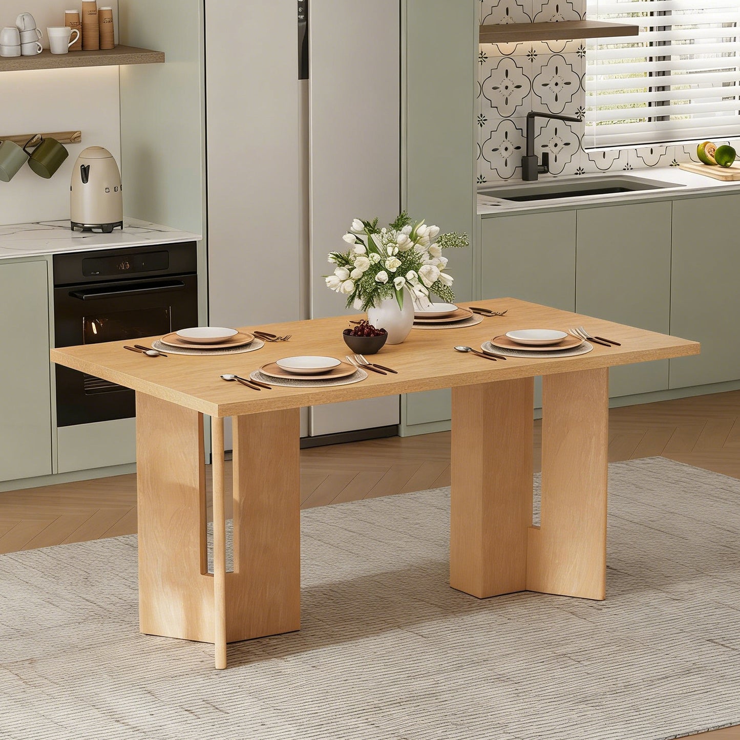 TREXM Farmhouse Wood Dining Table, 60' Rectangular Dining Table with Cutout Table Legs for Dining Room, Kitchen and Living Room (Natural Wood Wash) SolidRoot Buy Furniture USA