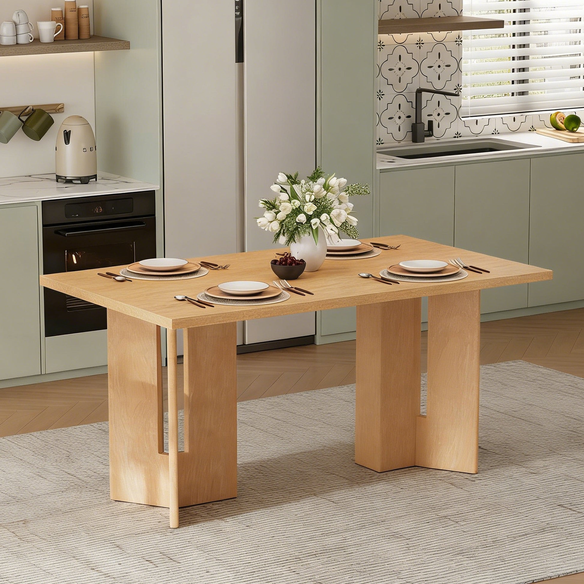 TREXM Farmhouse Wood Dining Table, 60' Rectangular Dining Table with Cutout Table Legs for Dining Room, Kitchen and Living Room (Natural Wood Wash) SolidRoot Buy Furniture USA