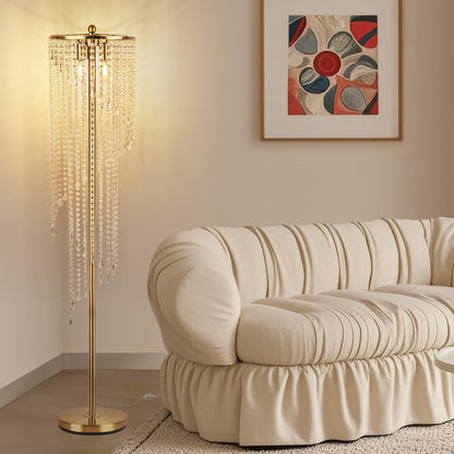 Gold Floor Lamps for Living Room, 63' Tall Lamp for Corner, Modern Floor Lamp with Double-Layer Crystal Lamp Shade, Standing Lamp for Bedroom, Office, Reading (2700K LED Bulbs Included)