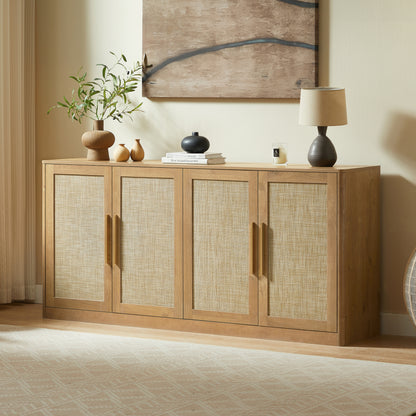 67' Rattan 4-Door Buffet Cabinet, Boho Sideboard, Large Credenza Sideboard Buffet for Living Room, Hallway and Kitchen, Caramel Oak, 67''W x 15.75''D x 31.5''H. SolidRoot Buy Furniture USA