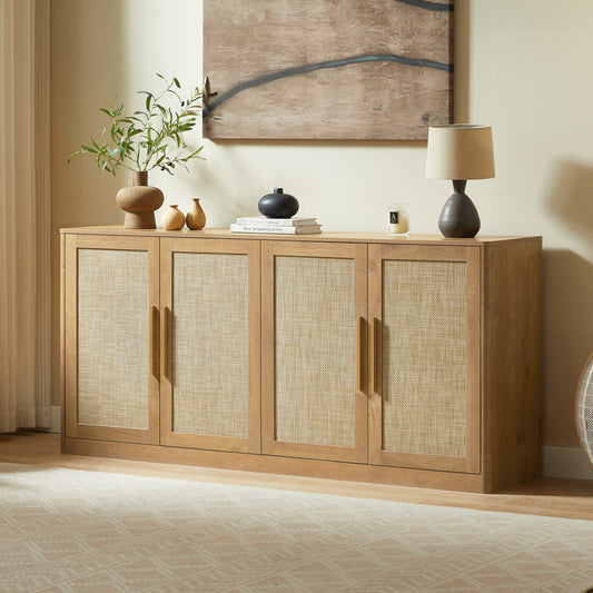67' Rattan 4-Door Buffet Cabinet, Boho Sideboard, Large Credenza Sideboard Buffet for Living Room, Hallway and Kitchen, Caramel Oak, 67''W x 15.75''D x 31.5''H. SolidRoot Buy Furniture USA