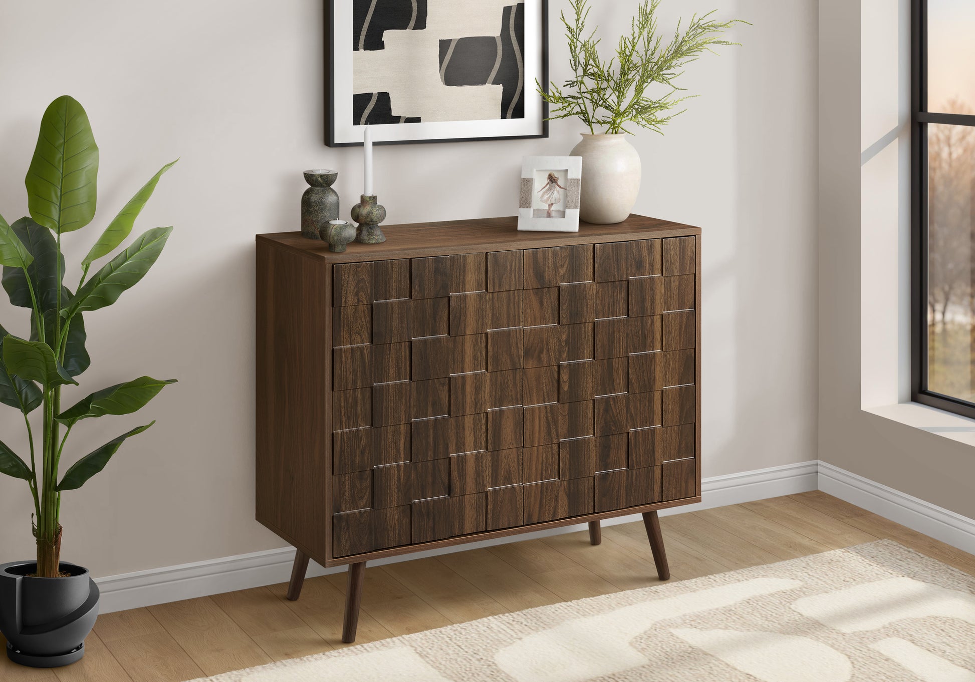 Accent Chest, 36' Wide, 2 Door Cabinet, Storage, Decorative, Dark Walnut Laminate, Mid Century, Transitional SolidRoot Buy Furniture USA