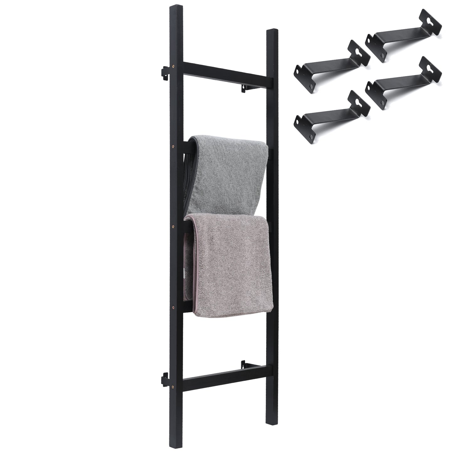 FUIN 57in Wall Mounted Wooden Blanket Ladder Living Room Decorative Farmhouse Quilt Display Holder Rustic Wood Towel Rack for Bathroom, Black