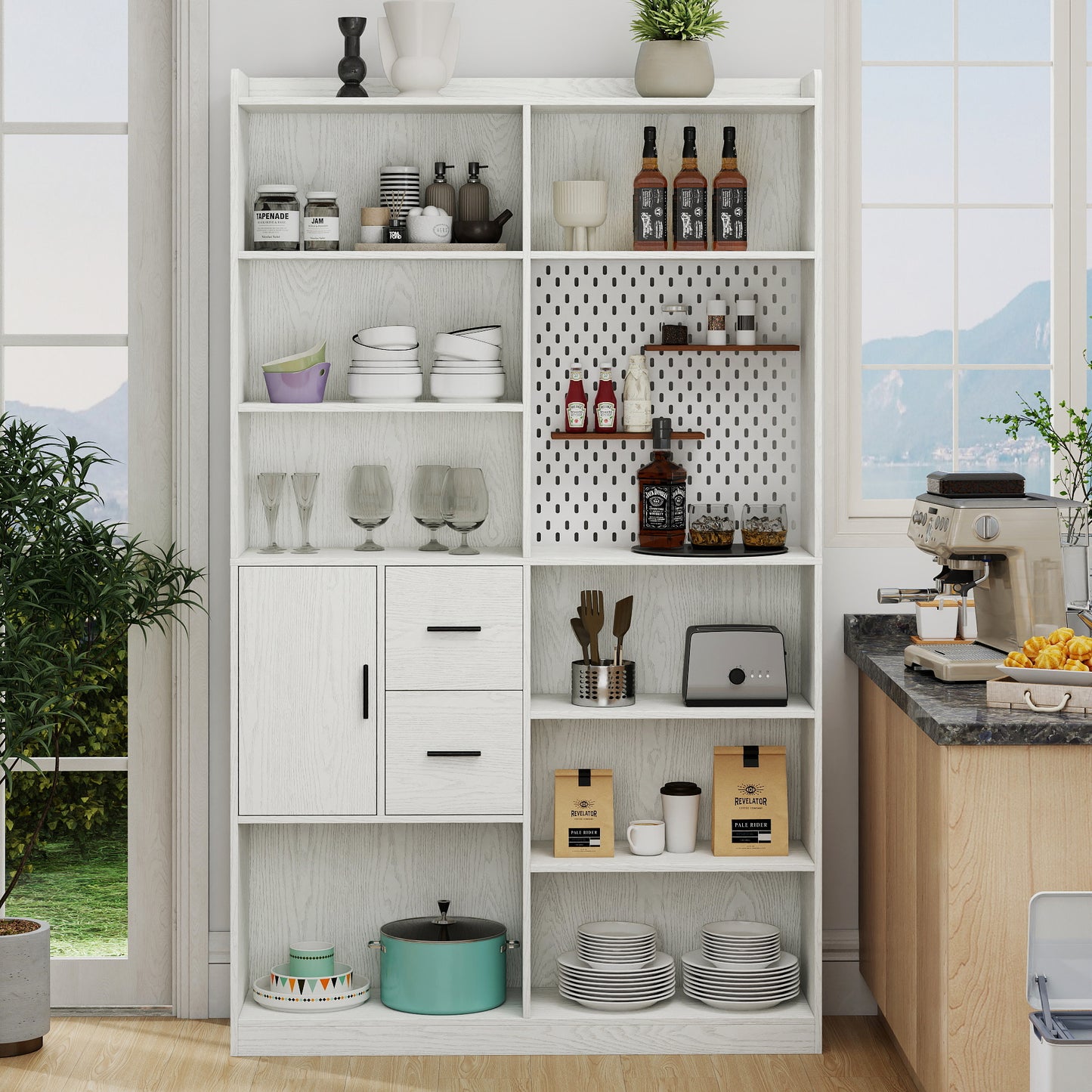 Bookshelf and Bookcase with Pegboard and Drawer or Kitchen Pantry Cabinet , 9 Cubby Display Book Shelves, Modern Wide Wood Shelving Unit for Living Room or Kitchen and Dinning Room,White SolidRoot Buy Furniture USA