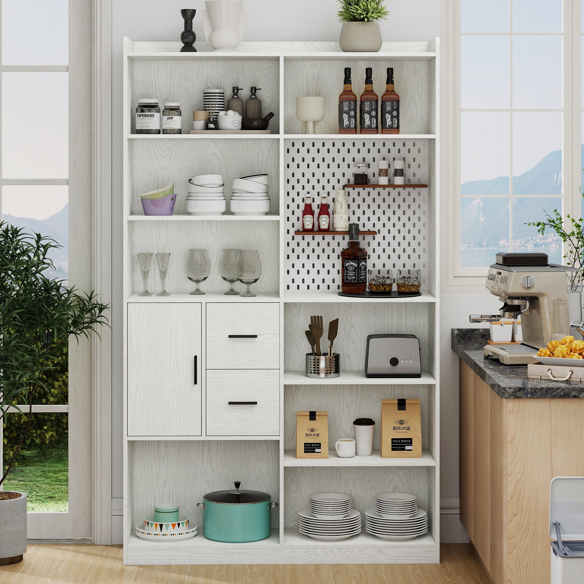 Bookshelf and Bookcase with Pegboard and Drawer or Kitchen Pantry Cabinet , 9 Cubby Display Book Shelves, Modern Wide Wood Shelving Unit for Living Room or Kitchen and Dinning Room,White SolidRoot Buy Furniture USA