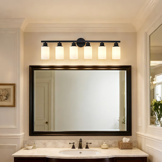 6-Light Matte Black Wall Lamps with White Glass Shades (No Bulbs) Sconce Lighting for Bedroom Living Room - SolidRoot Buy Furniture USA