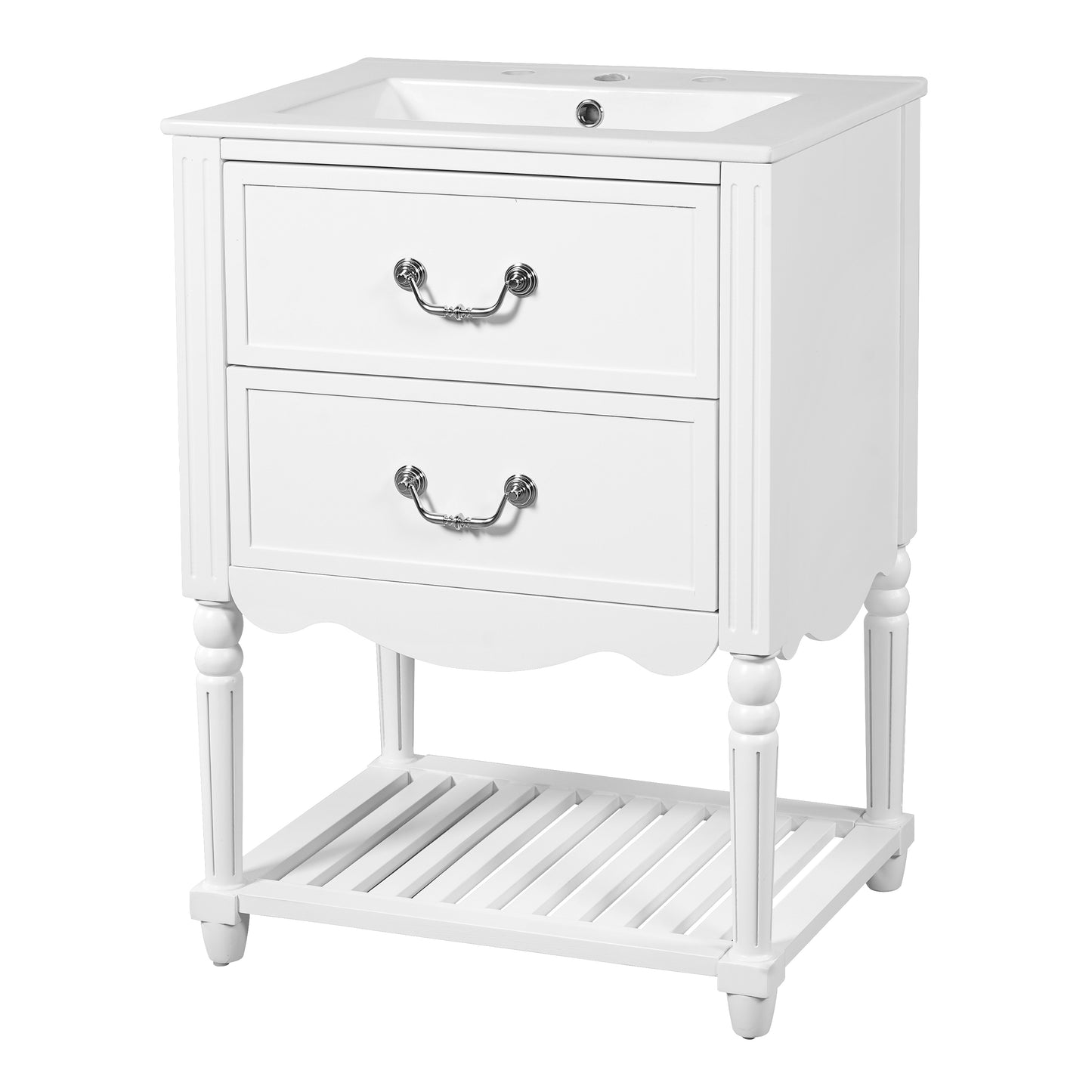 Vintage Elegant Wave Design 24'' Bathroom Vanity with Ceramic Sink, White MDF & Solid Wood Cabinet, Two Drawers, Open Shelf, 34'' Height SolidRoot Buy Furniture USA