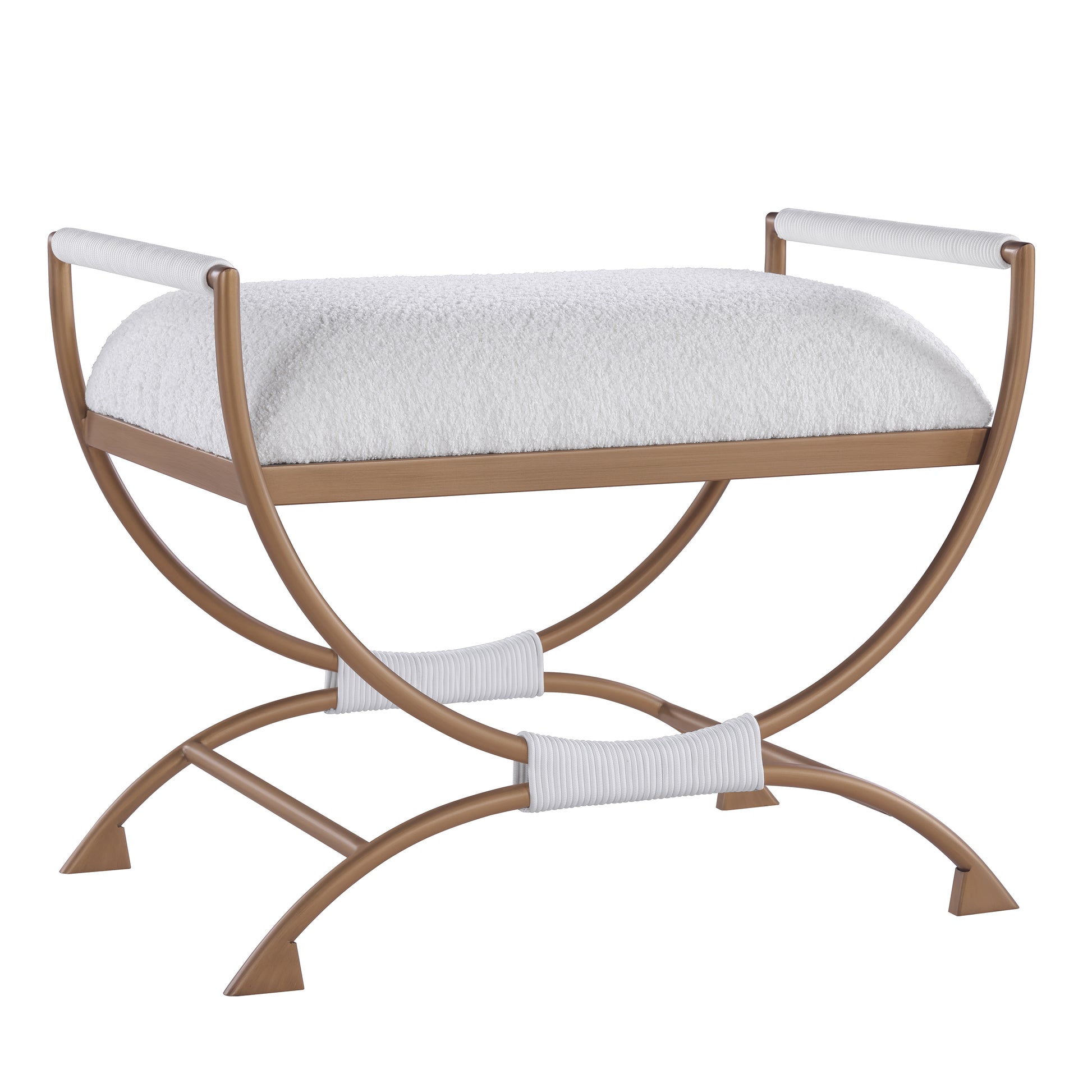 Nora Bench with Bronze Metal Frame and White Boucle Fabric Seat SolidRoot Buy Furniture USA