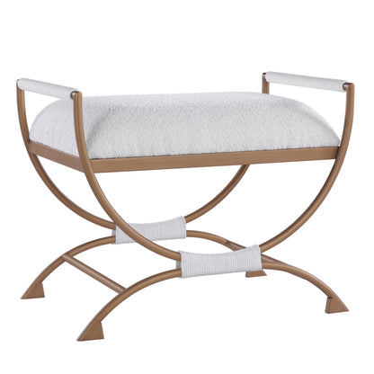 Nora Bench with Bronze Metal Frame and White Boucle Fabric Seat SolidRoot Buy Furniture USA