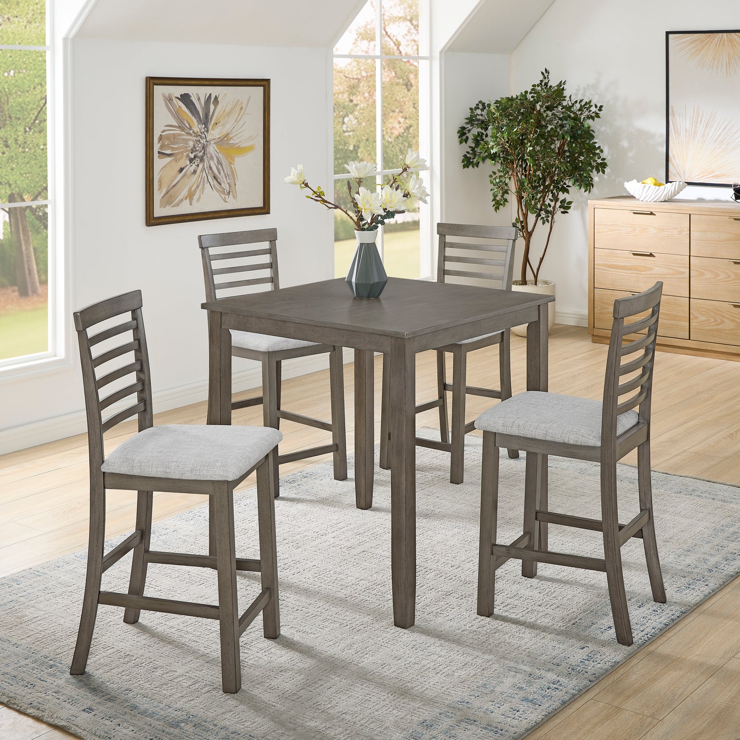 Dining Table, Bar Table and Chairs Set, 5 Piece Dining Table Set,Retro-style breakfast table set,for Living Room, Dining Room-Gray(Requires assembly) SolidRoot Buy Furniture USA