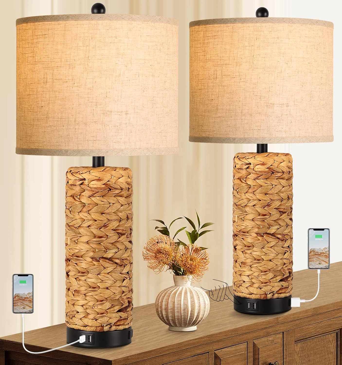Tall Farmhouse Rustic Table Lamps Set of 2 for Living Room,3-Color Temperature Dimmable Country Antique Bedroom Nightstand Lamps for Retro Decor (Coastal)