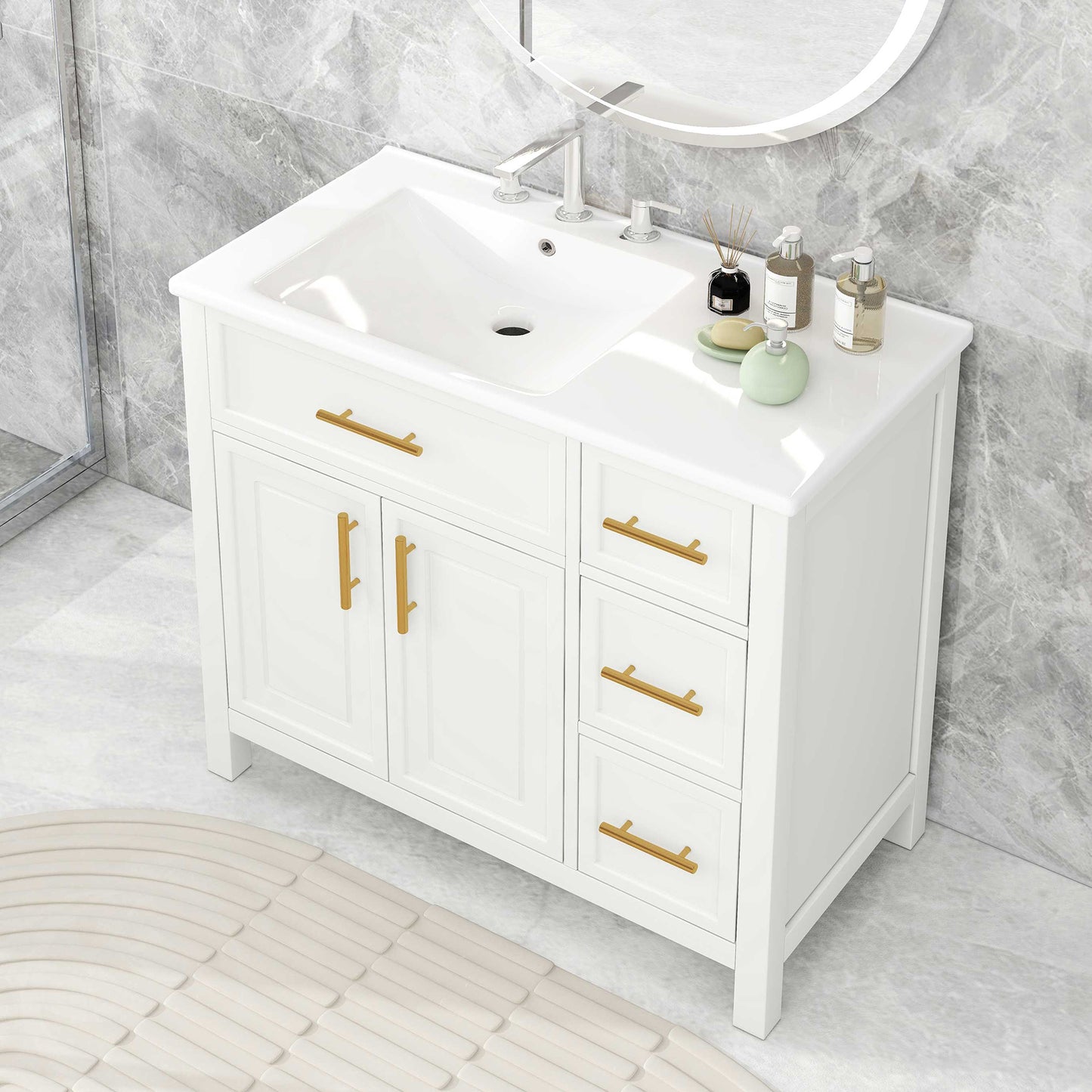 36' Bathroom Vanity with Sink Top, Bathroom Vanity Cabinet with Two Doors and Three Drawers, Solid Wood , MDF Boards ,One Package, White (Old Sku:N725P198316K) - SolidRoot Buy Furniture USA