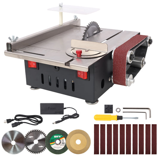 Mini Table Saw,Belt Sander, stainless steel top,4pcs Blades,10pcs Sanding Blet,7 Gear Adjustable 0-90° Angle, Available for Wood/PCB/Acrylic/Plastic,DIY Model Crafts Cutting Tool SolidRoot Buy Furniture USA