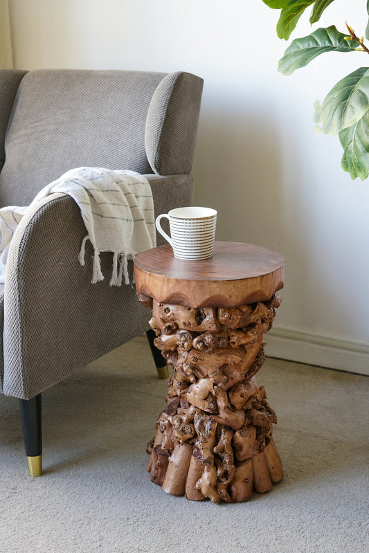 11.8x11.8x18.9' Brown Mulberry and Paulownia Wood Accent Table with Organic Tree Root Base SolidRoot Buy Furniture USA