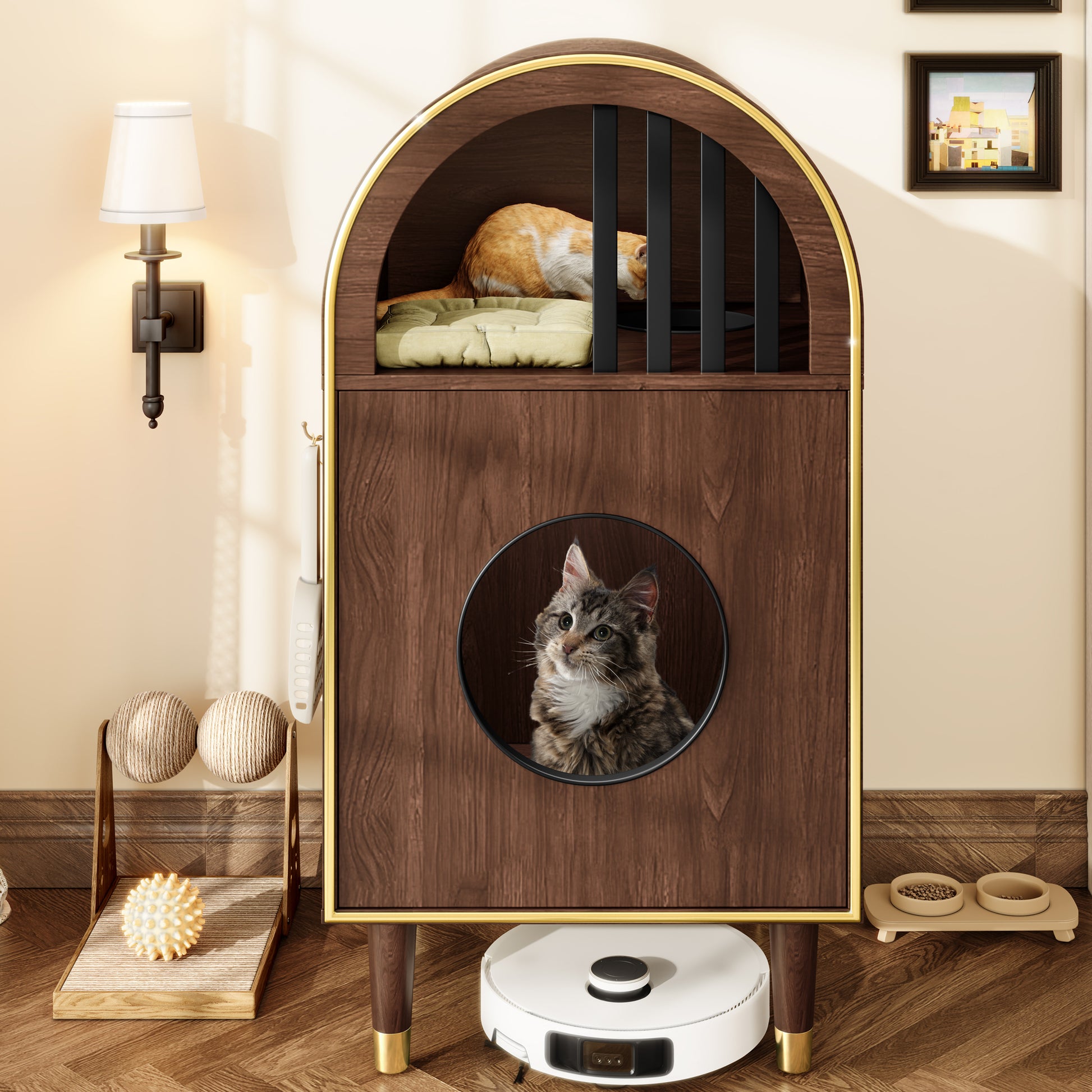 Cat Litter Box Enclosure , 2-in-1 Condo Cat Bed, Cat Shelter Furniture with Two-Level Cozy Haven for 2 Cats, Cute Kitty Condo for Sleeping, Luxury Cat House& Furniture, Espresso - SolidRoot Buy Furniture USA