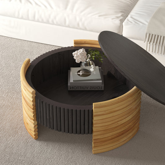 31.50' Modern Colorblocked Striped Coffee Table with Flip Top Storage Coffee Table - Natural Wood Finish for Living Room, Apartment, Office, Easy to Assemble, Dark Brown Tabletop + Wooden Color