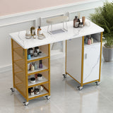 Manicure Table, Marbling Texture Nail Table with Electric Downdraft Vent,Wrist Cushion, Lockable Wheels, Storage layers & cabinet,White SolidRoot Buy Furniture USA