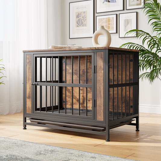 Dog Crate Furniture,  Wooden Dog Crate Table, 32.8' Dog Kennel with 2 Sliding Doors and Thick Iron Door Frame, Decorative Pet Crate House for Medium/Small Dog Indoor Use(Rustic Brown) - SolidRoot Buy Furniture USA