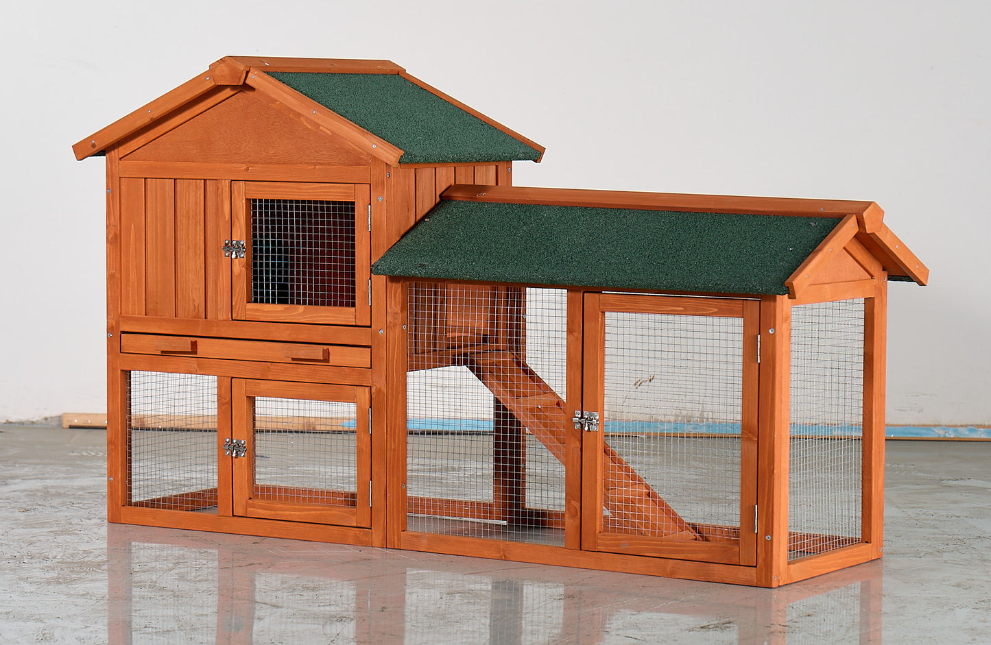 Large Wooden Rabbit Hutch, 2-Story Outdoor Bunny Cage with Waterproof Asphalt Roof, Pull-Out Tray & Ramp, Fir Wood Pet House for Rabbits, Chickens, Guinea Pigs (Brown & Green) SolidRoot Buy Furniture USA