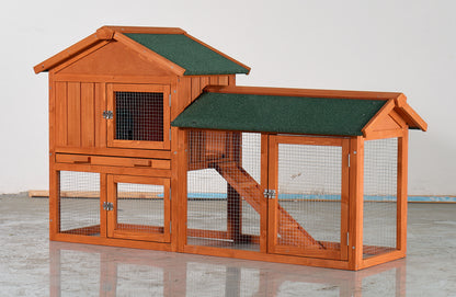 Large Wooden Rabbit Hutch, 2-Story Outdoor Bunny Cage with Waterproof Asphalt Roof, Pull-Out Tray & Ramp, Fir Wood Pet House for Rabbits, Chickens, Guinea Pigs (Brown & Green) SolidRoot Buy Furniture USA