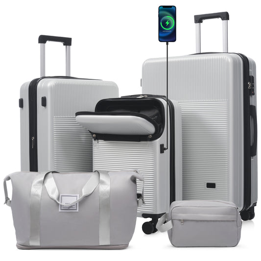 Luggage Sets 5 Piece with Half-opening, Hardside Carry On Suitcase Set with Double Spinner Wheel, Lightweight Travel Luggage with USB Port,TSA Locks - SolidRoot Buy Furniture USA