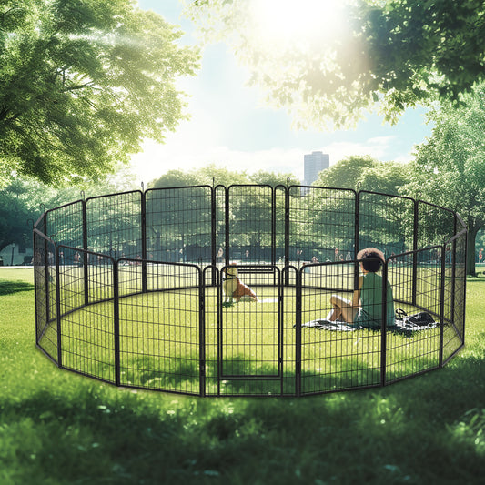 16 Panels Heavy-Duty Metal Playpen with Door, 39.37' H Dog Fence Pet Exercise Pen for Outdoor, Indoor - SolidRoot Buy Furniture USA