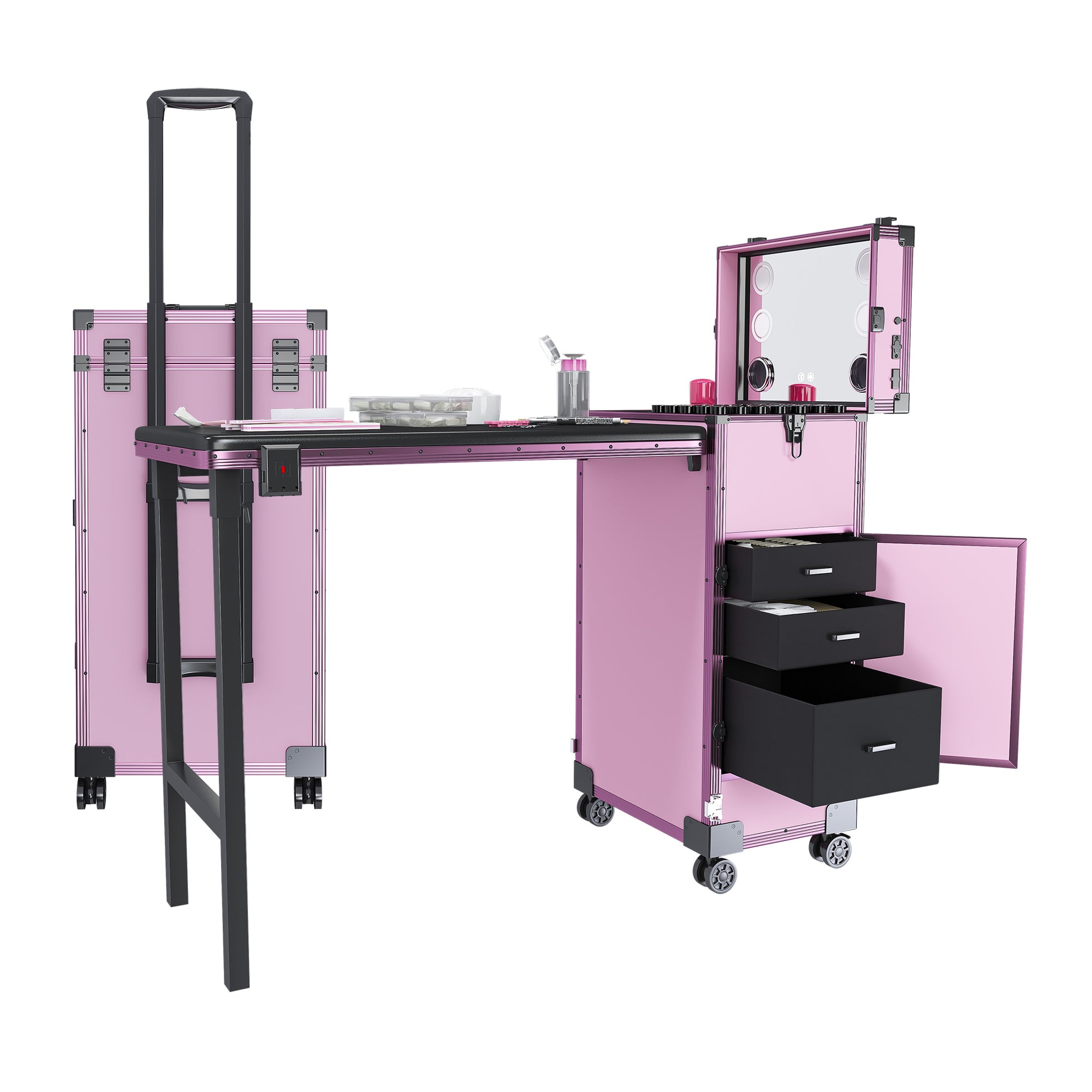 Portable Nail Art Table with LED Mirror, Bluetooth, Lockable Drawers, Telescopic Pole - Folding Manicure Station in Pink Plastic SolidRoot Buy Furniture USA