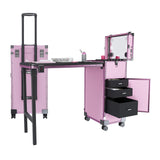 Portable Nail Art Table with LED Mirror, Bluetooth, Lockable Drawers, Telescopic Pole - Folding Manicure Station in Pink Plastic SolidRoot Buy Furniture USA
