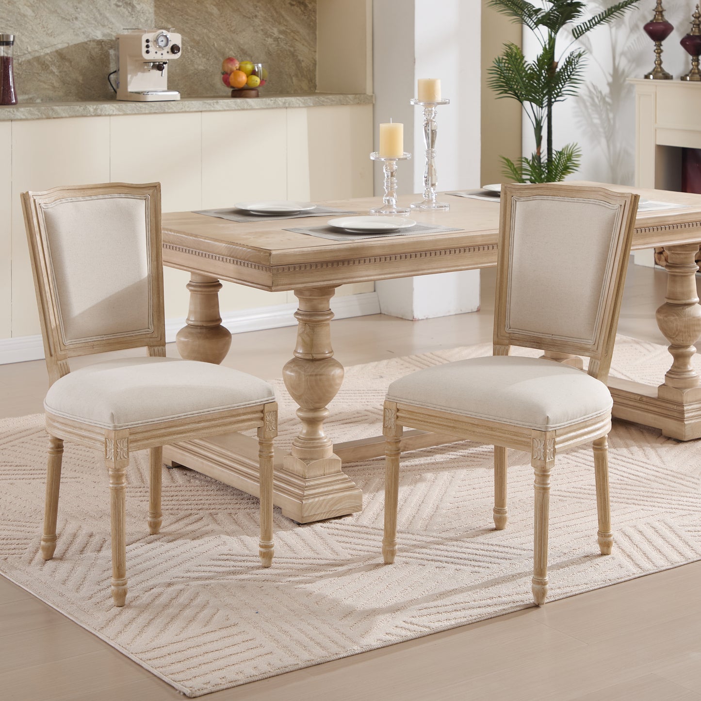 French Country Dining Chairs Set of 2, Upholstered  Chairs with  T-shaped Back, Wire drawing and carving techniques ,Disassemblable ,  for Living Room, Kitchen , Restaurant Use, Beige SolidRoot Buy Furniture USA
