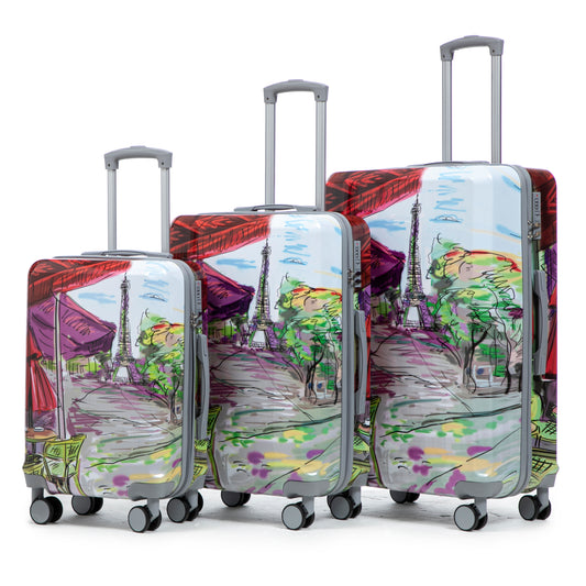 20'/24'/28' 3 pcs/set in PC Spinner Wheel Luggage, Carry on Suitcase, With Printed pattern and Combination Lock (Coffee+Iron Tower) SolidRoot Buy Furniture USA